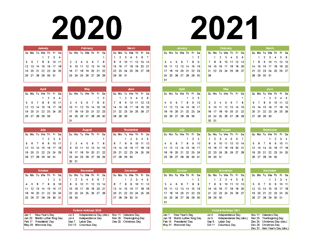 2020 and 2021 calendars